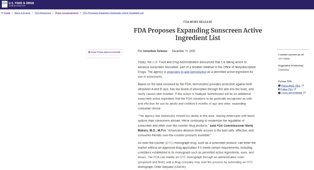 बेमोट्रिज़िनोल सनस्क्रीन की स्वीकृति Bemotrizinol sunscreen approval